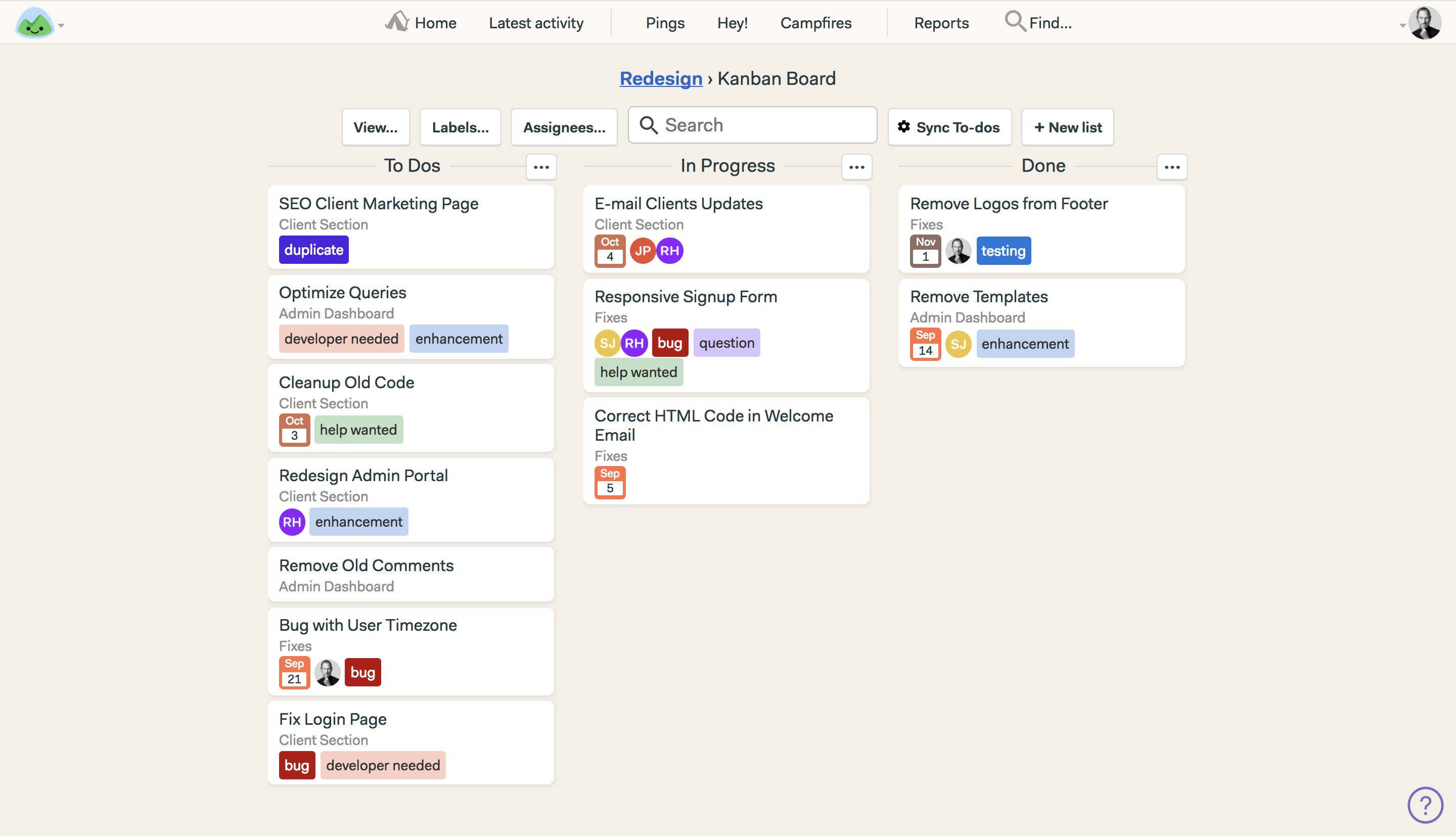 Kanban styrelser inom Basecamp